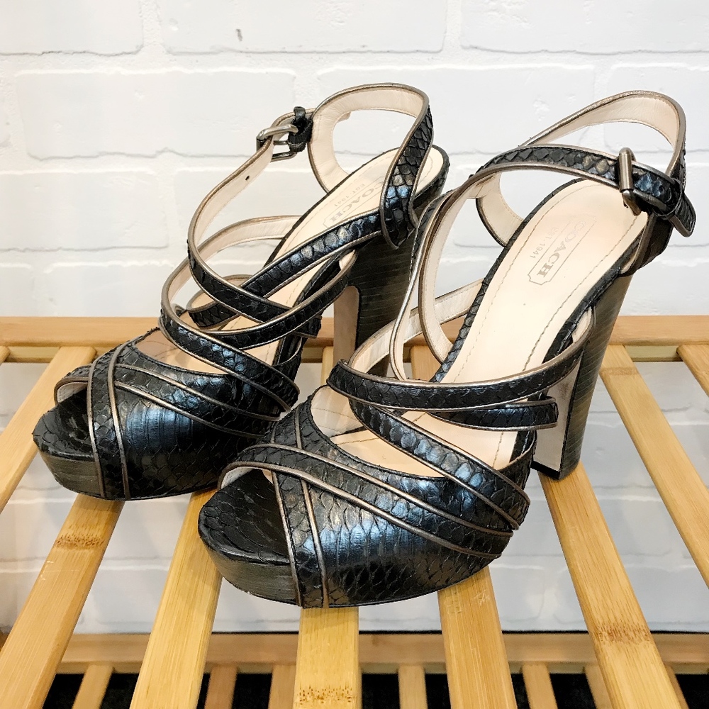 COACH Strappy Snakeskin Heels